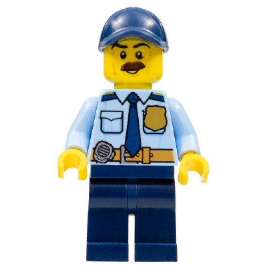 Police - City Shirt with Dark Blue Tie and Gold Badge, Dark Tan Belt with Radio, Dark Blue Legs, Dark Blue Cap with Hole, Brown Bushy Moustache