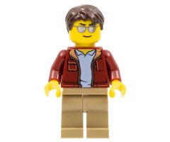 Man, Dark Red Jacket with Bright Light Blue Shirt, Dark Tan Legs, Dark Brown Short Tousled Hair, Sunglasses (Truck Driver)