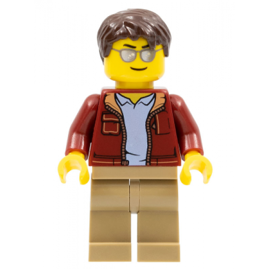 Man, Dark Red Jacket with Bright Light Blue Shirt, Dark Tan Legs, Dark Brown Short Tousled Hair, Sunglasses (Truck Driver)