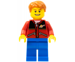 Red Jacket with Zipper Pockets and Classic Space Logo, Blue Legs, Dark Orange Short Tousled Hair