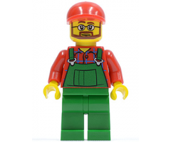 Overalls Farmer Green, Red Short Bill Cap, Beard and Glasses
