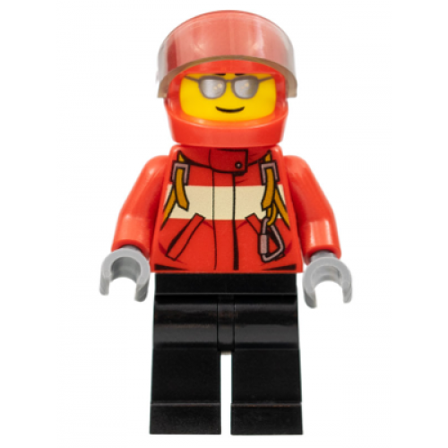 City Pilot Male, Red Fire Suit with Carabiner, Black Legs, Red Helmet, Silver Sunglasses