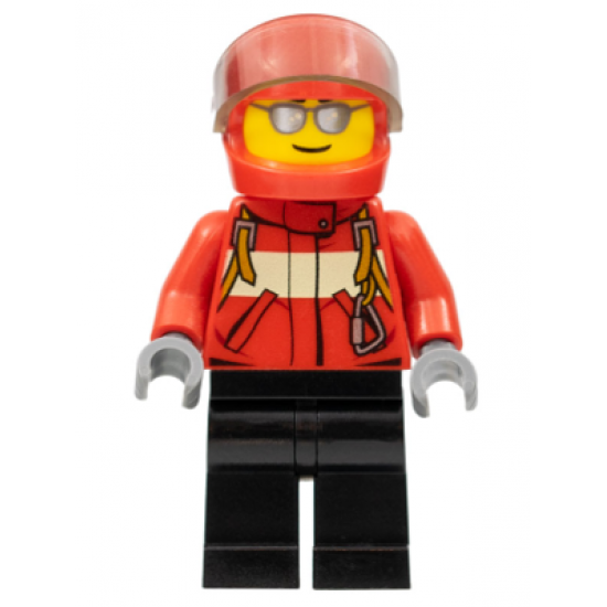 City Pilot Male, Red Fire Suit with Carabiner, Black Legs, Red Helmet, Silver Sunglasses