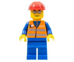 Orange Vest with Safety Stripes - Blue Legs, Silver Glasses, Red Construction Helmet