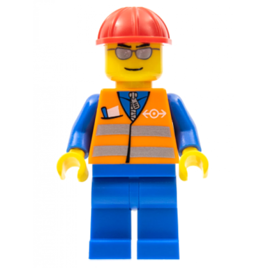 Orange Vest with Safety Stripes - Blue Legs, Silver Glasses, Red Construction Helmet