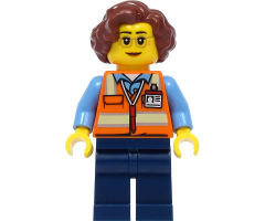 School Bus Driver - Female, Orange Safety Vest with Reflective Stripes, Dark Blue Legs, Reddish Brown Hair