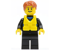 Wetsuit with Blue Sign, Black Legs, Dark Orange Short Tousled Hair, Life Jacket Center Buckle, Open Grin