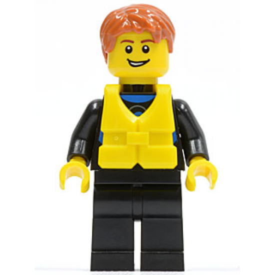 Wetsuit with Blue Sign, Black Legs, Dark Orange Short Tousled Hair, Life Jacket Center Buckle, Open Grin
