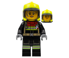Fire - Female, Black Jacket and Legs with Reflective Stripes and Red Collar, Neon Yellow Fire Helmet, Trans-Black Visor, Dark Bluish Gray Splotches