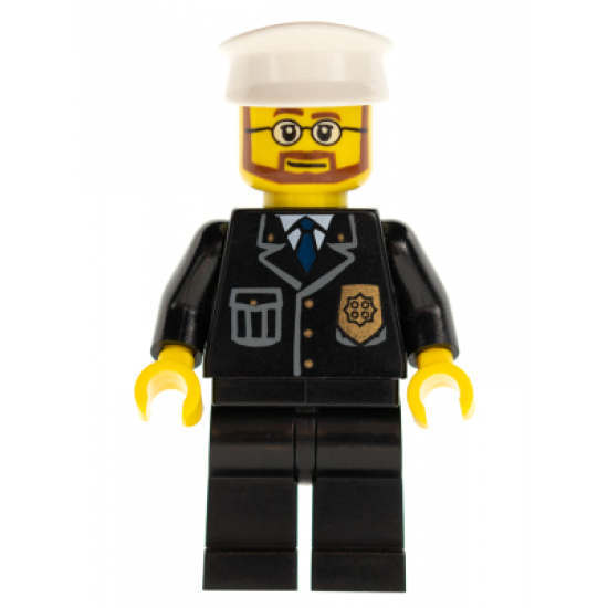 Police - City Suit with Blue Tie and Badge, Black Legs, White Hat, Beard and Glasses