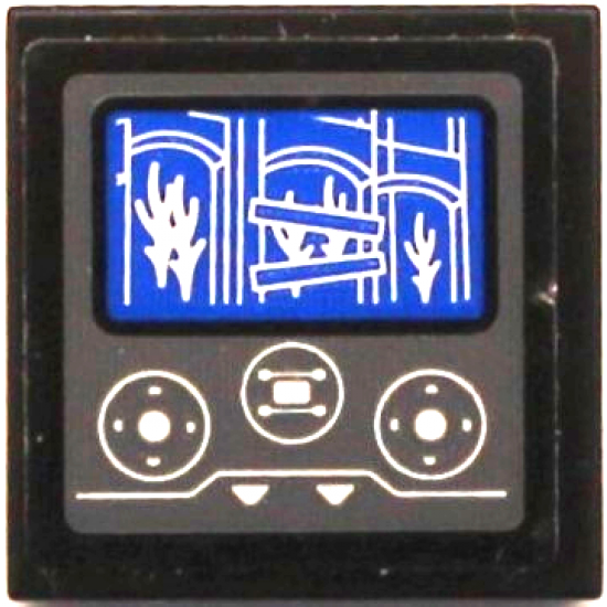 Tile 2 x 2 with Control Panel with Flames and Building on Blue Screen, White Arrows and Joysticks Pattern (Sticker) - Set 60216