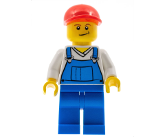 Overalls Blue over V-Neck Shirt, Blue Legs, Red Short Bill Cap, Crooked Smile