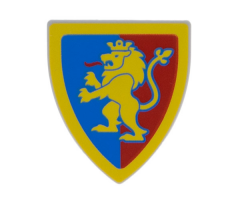 Minifigure, Shield Triangular  with Yellow Lion with Raised Foot on Blue and Red Background with Border Pattern