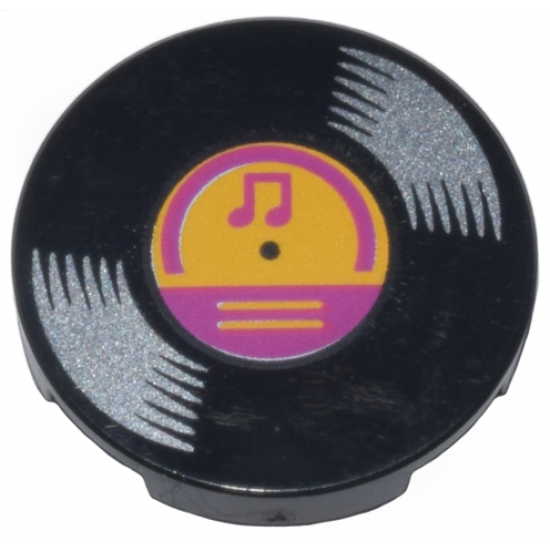 Tile, Round 2 x 2 with Bottom Stud Holder with Vinyl Record with Bright Light Orange and Magenta Center and Musical Notes Pattern