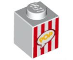 Brick 1 x 1 with Red Vertical Stripes and Yellow 'POP' in Speech Bubble (Popcorn Box) Pattern