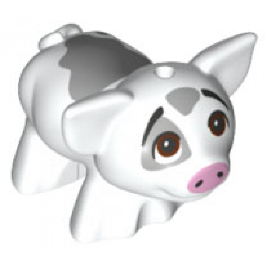 Pig, Moana with Black Eyebrows, Reddish Brown Eyes Looking Up, Bright Pink Nose, and Dark Bluish Gray Smooth Spots Pattern (Pua)