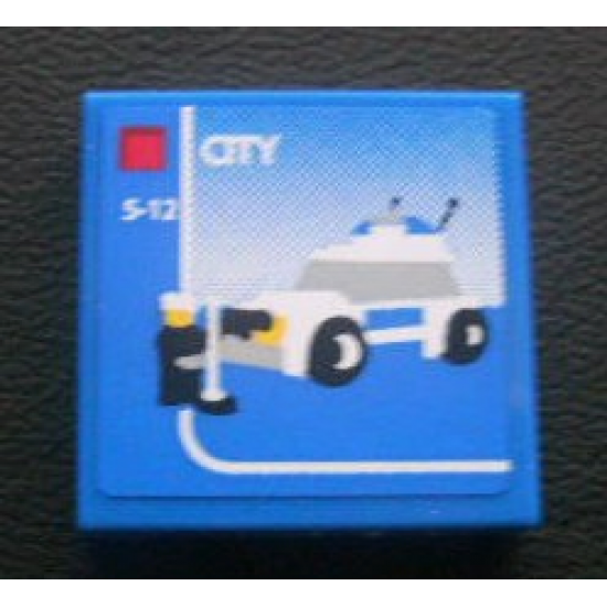 Tile 2 x 2 with Lego Police Car and 'CITY' and '5-12' Set Box Pattern (Sticker) - Set 3221