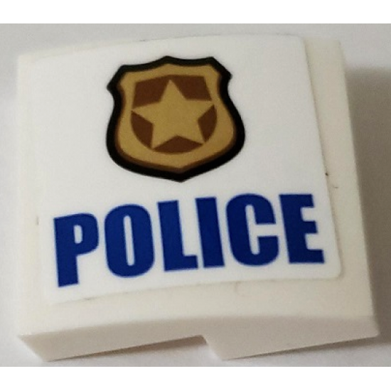 Slope, Curved 2 x 2 x 2/3 with Gold Badge and Blue 'POLICE' Pattern Model Left Side (Sticker) - Set 60140