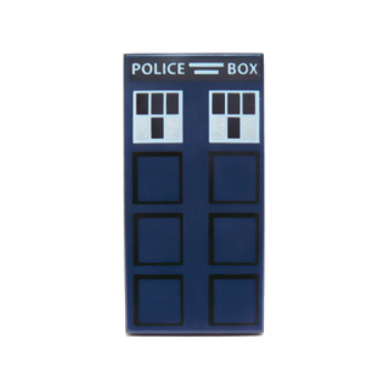 Tile 2 x 4 with White 'POLICE BOX', Black Squares and White Windows Pattern (TARDIS)