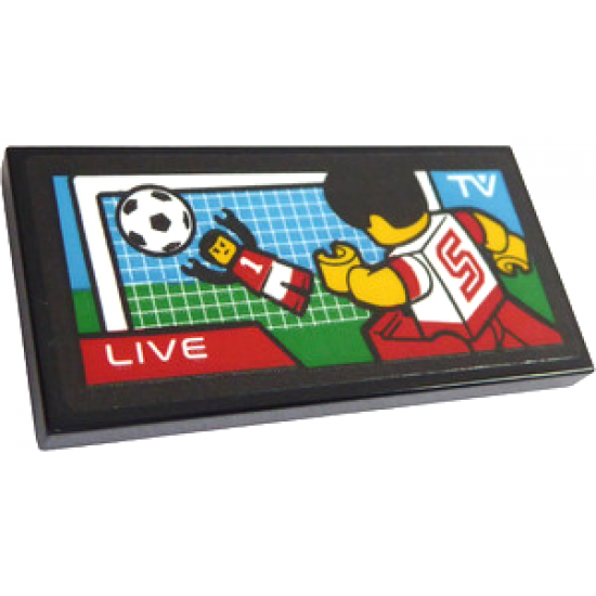 Tile 2 x 4 with TV Screen with 'LIVE' Soccer / Football Match with Player with Number 5 and Goalie Pattern (Sticker) - Set 60257