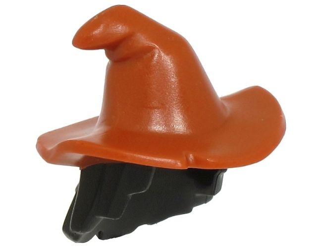 Minifigure, Hair Combo, Hair with Hat, Mid-Length Scraggly with Dark Orange Floppy Witch Hat Pattern