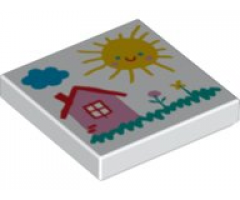 Tile 2 x 2 with Drawing of Cloud, Sun, House, and Flowers Pattern