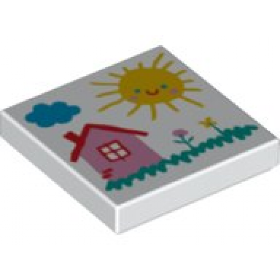 Tile 2 x 2 with Drawing of Cloud, Sun, House, and Flowers Pattern