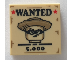 Tile 2 x 2 with 'WANTED', '5.000', Red Stars and Female Western Bandit Minifigure on Poster Pattern (BAM)