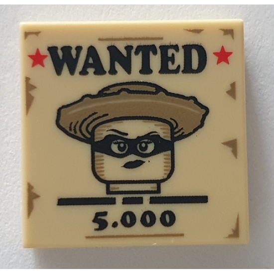 Tile 2 x 2 with 'WANTED', '5.000', Red Stars and Female Western Bandit Minifigure on Poster Pattern (BAM)