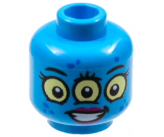 Minifigure, Head Alien Female, Blue Spots, Black Eyebrows, 3 Bright Light Yellow Eyes, Magenta Lips, Smile with Teeth Pattern - Hollow Stud