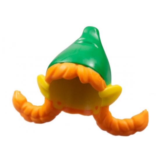 Minifigure, Hair Combo, Hair with Hat, 2 Wide Orange Braids with Elf Ears and Green Pointed Hat Pattern