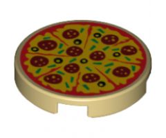 Tile, Round 2 x 2 with Bottom Stud Holder with Pizza Pepperoni and Olive with Slice Marks Pattern