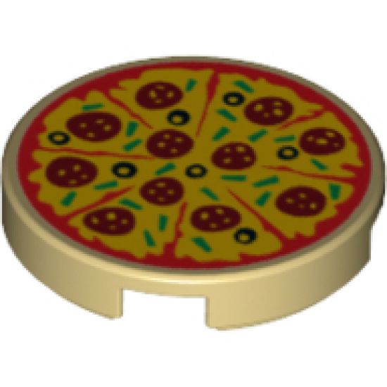 Tile, Round 2 x 2 with Bottom Stud Holder with Pizza Pepperoni and Olive with Slice Marks Pattern
