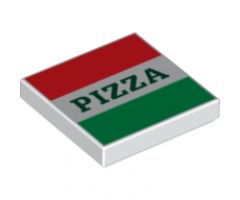 Tile 2 x 2 with Red and Green Stripes and Dark Green 'PIZZA' Pattern (Pizza Box)