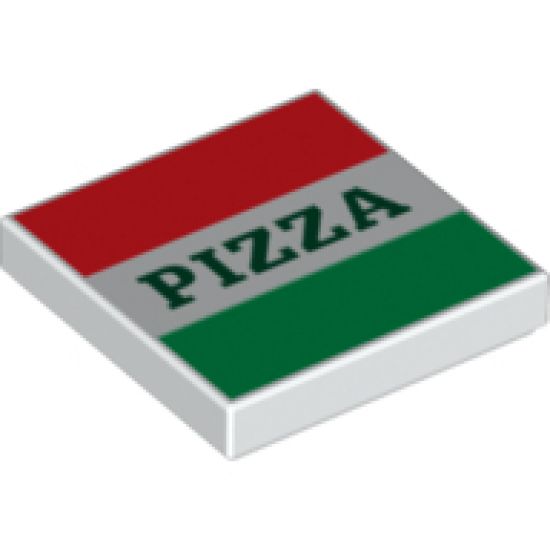 Tile 2 x 2 with Red and Green Stripes and Dark Green 'PIZZA' Pattern (Pizza Box)