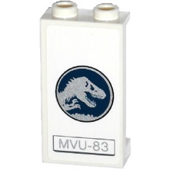 Panel 1 x 2 x 3 with Side Supports - Hollow Studs with Dark Blue and Silver Jurassic World Logo and 'MVU-83' Pattern Model Right Side (Sticker) - Set 75917