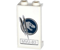 Panel 1 x 2 x 3 with Side Supports - Hollow Studs with Dark Blue and Silver Jurassic World Logo, 'MVU-83', and Claw Scratch Marks Pattern Model Left Side (Sticker) - Set 75917