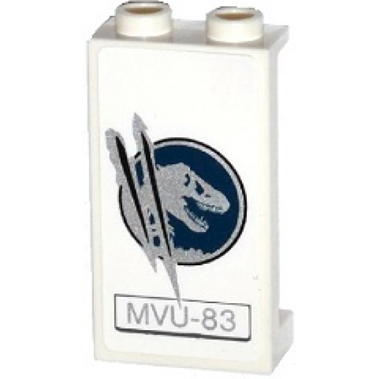Panel 1 x 2 x 3 with Side Supports - Hollow Studs with Dark Blue and Silver Jurassic World Logo, 'MVU-83', and Claw Scratch Marks Pattern Model Left Side (Sticker) - Set 75917