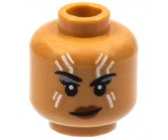 Minifigure, Head Female Black Eyebrows, White Tattoos on Forehead and Cheeks, Lopsided Grin Pattern - Hollow Stud