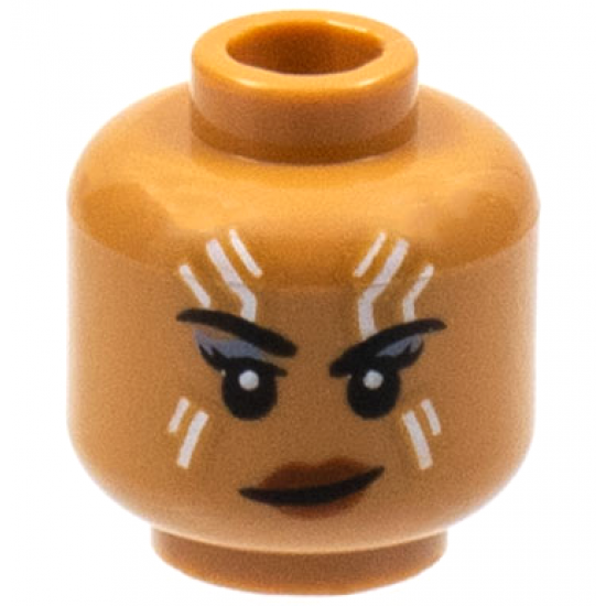 Minifigure, Head Female Black Eyebrows, White Tattoos on Forehead and Cheeks, Lopsided Grin Pattern - Hollow Stud