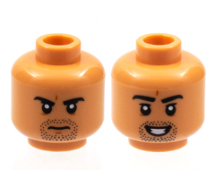 Minifigure, Head Dual Sided, Black Eyebrows and Goatee Stubble, Frown / Open Smile with Teeth Pattern - Hollow Stud