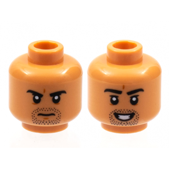 Minifigure, Head Dual Sided, Black Eyebrows and Goatee Stubble, Frown / Open Smile with Teeth Pattern - Hollow Stud