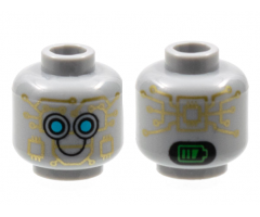 Minifigure, Head Alien Robot with Gold Circuitry, Medium Azure Eyes, Black Smile, and Bright Green Battery Indicator on Back Pattern - Hollow Stud