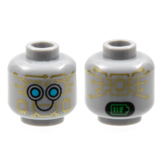 Minifigure, Head Alien Robot with Gold Circuitry, Medium Azure Eyes, Black Smile, and Bright Green Battery Indicator on Back Pattern - Hollow Stud
