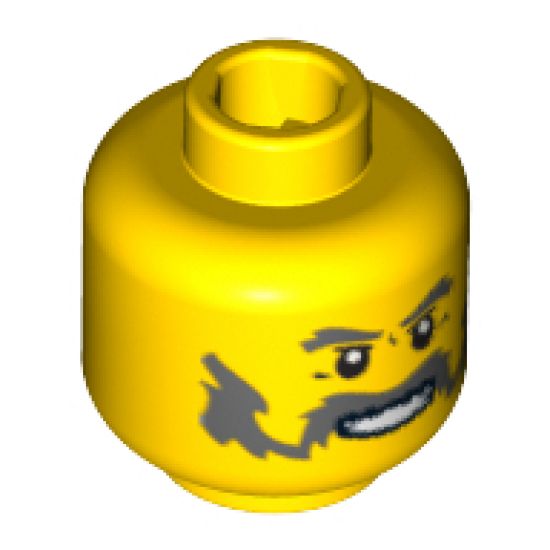 Minifigure, Head Moustache Handlebar and Sideburns Dark Bluish Gray, White Pupils, Teeth Pattern - Hollow Stud