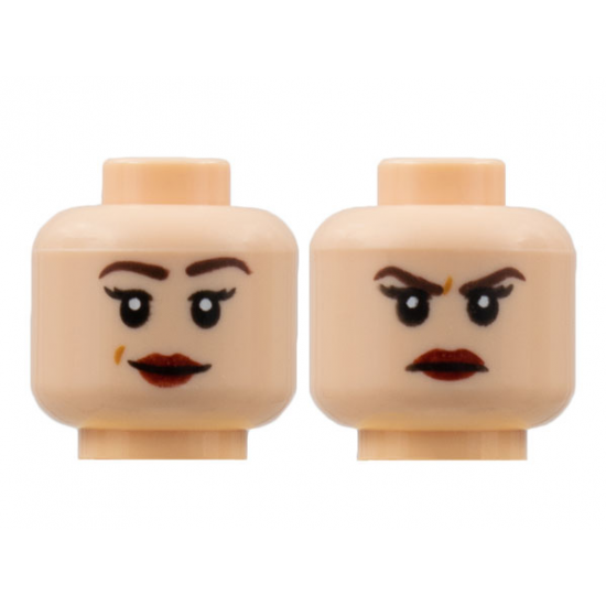 Minifigure, Head Dual Sided Female, Medium Nougat Eyebrows, Peach Lips, Smile / Scowl Pattern - Hollow Stud