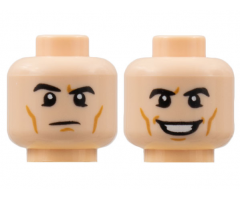 Minifigure, Head Dual Sided, Black Eyebrows, Medium Nougat Cheek Lines, Raised Right Eyebrow / Grin with Teeth Pattern - Hollow Stud