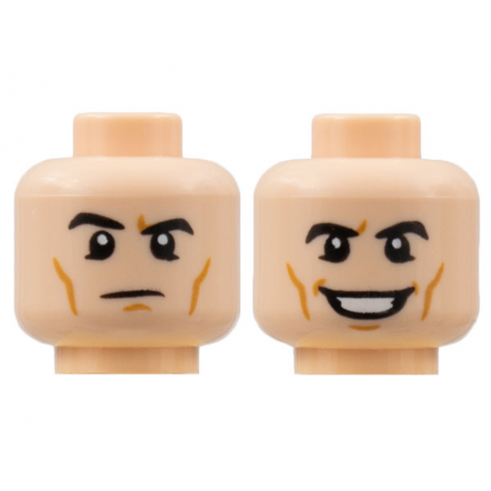 Minifigure, Head Dual Sided, Black Eyebrows, Medium Nougat Cheek Lines, Raised Right Eyebrow / Grin with Teeth Pattern - Hollow Stud