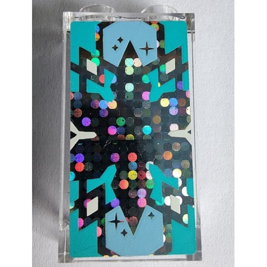 Panel 1 x 2 x 3 with Side Supports - Hollow Studs with Bright Light Blue and Medium Azure Snowflake on Silver Holographic Glitter Background Pattern (Sticker) - Sets 41148 / 43172