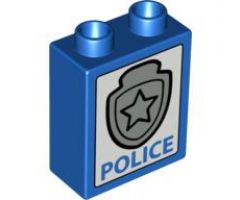 Duplo, Brick 1 x 2 x 2 with Star Badge Silver and 'POLICE' on Bottom Pattern